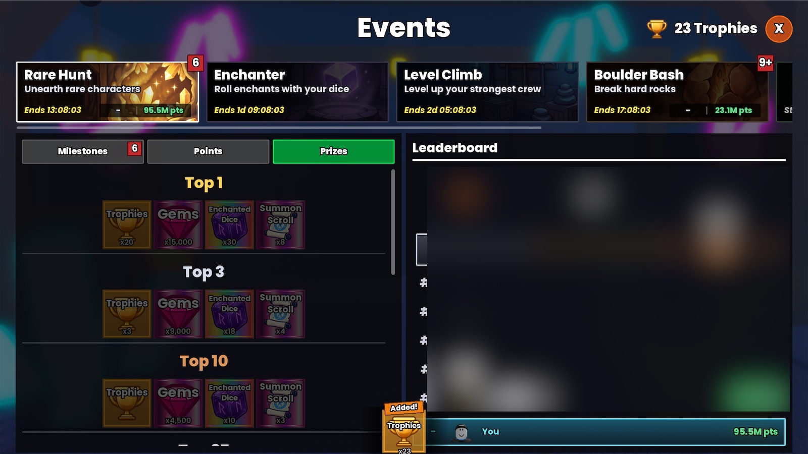 The Events screen on the Prizes tab: Trophies for the top 1, top 3 and top 10, and a Trophies counter