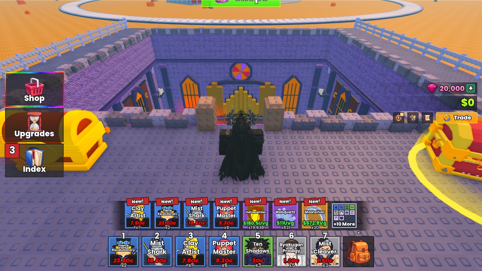 A row of item cards above the hotbar, each marked New!, with a +10 More slot at the end