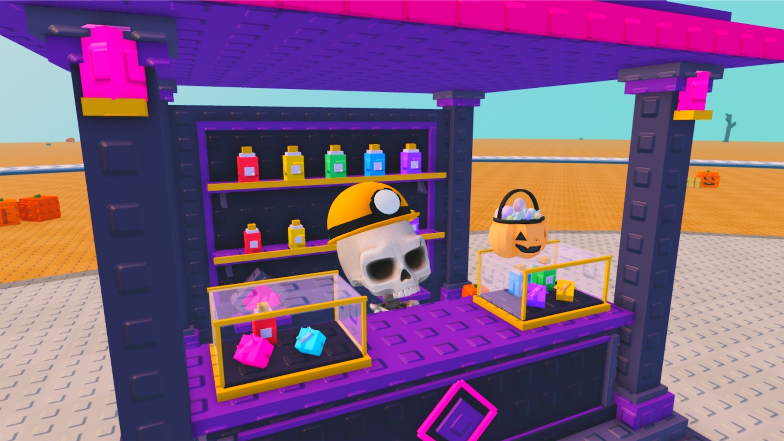A Skeleton Miner shopkeeper in a mining helmet behind the Gem Shop counter, next to a pumpkin candy pail