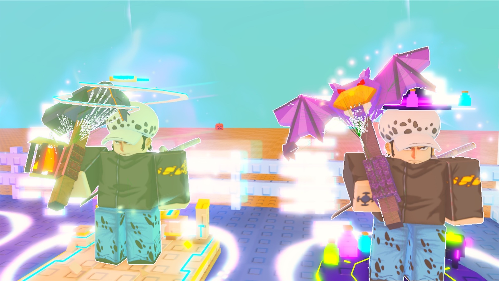 Two miners holding the new pickaxes: Lanternfang with its lantern and Gloomwing with its bat wings