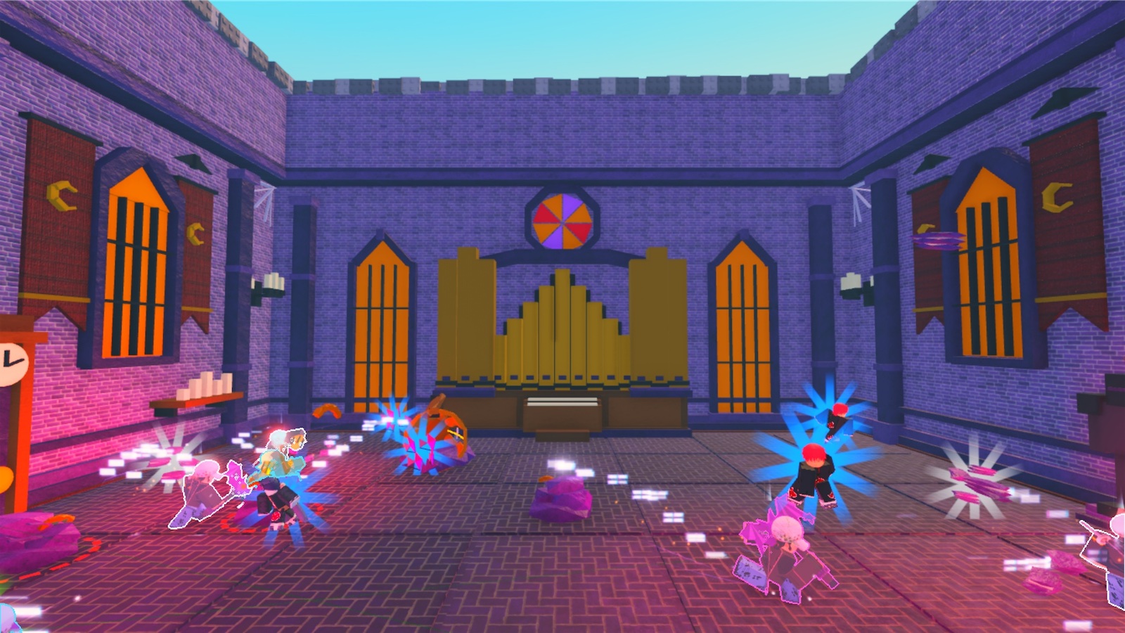 The Hallowkeep: a purple castle hall with a golden pipe organ, where the crew mines glowing rocks