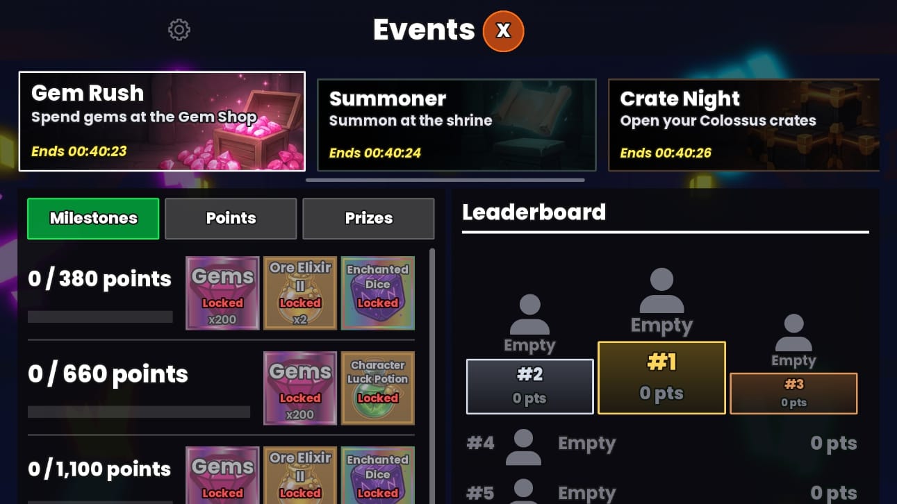 The Events screen with Gem Rush, Summoner and Crate Night side by side, the Gem Rush milestones and an empty leaderboard