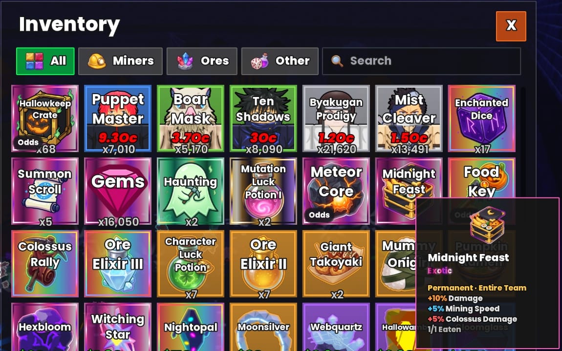 The inventory with the Hallowkeep foods, and the Midnight Feast card: Permanent, Entire Team, +10% damage, +5% mining speed and +5% Colossus damage