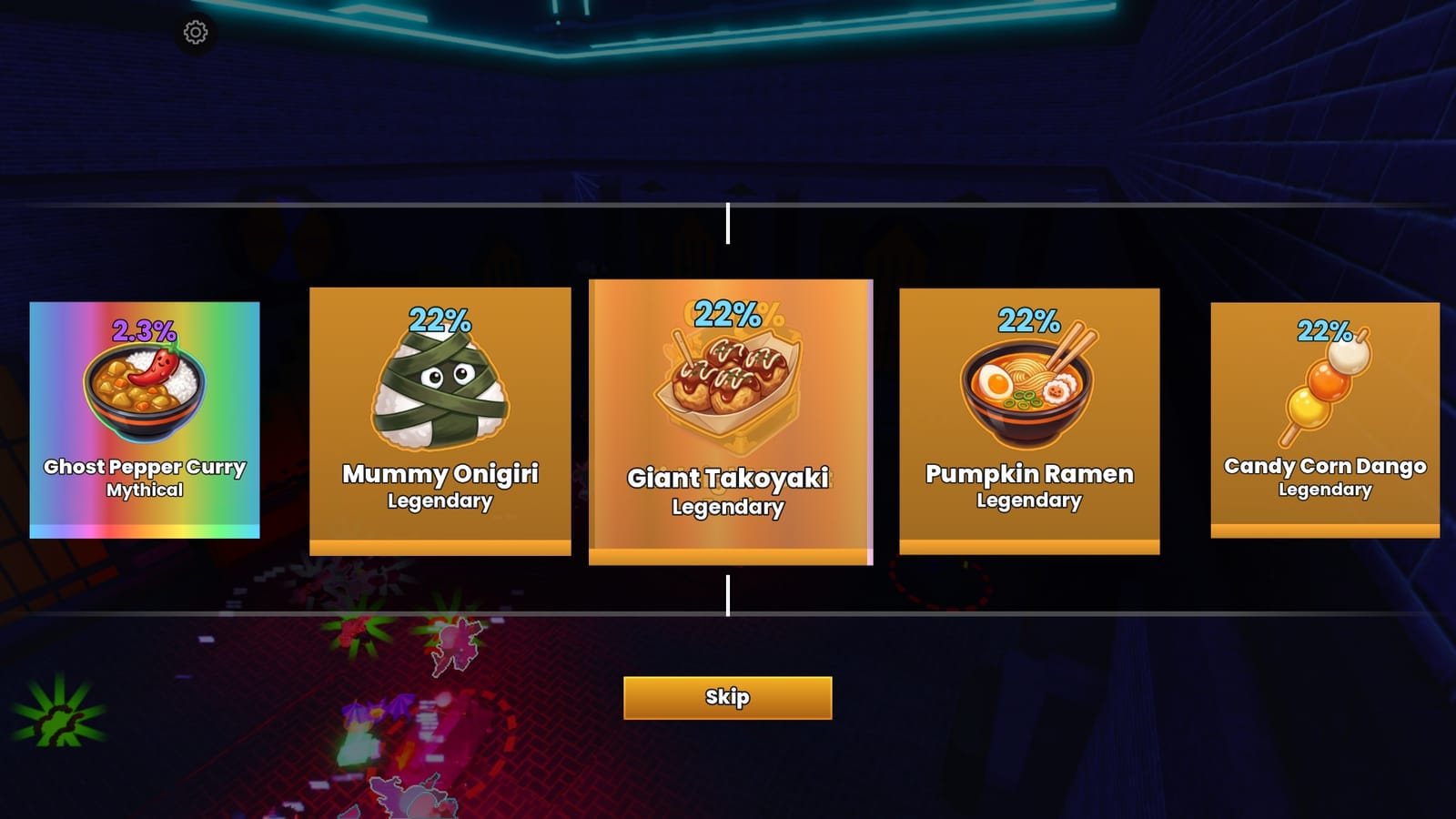 Opening a Food Lockbox: a reel of foods (Ghost Pepper Curry, Mummy Onigiri, Giant Takoyaki, Pumpkin Ramen, Candy Corn Dango) slowing to a stop on Giant Takoyaki, with a Skip button