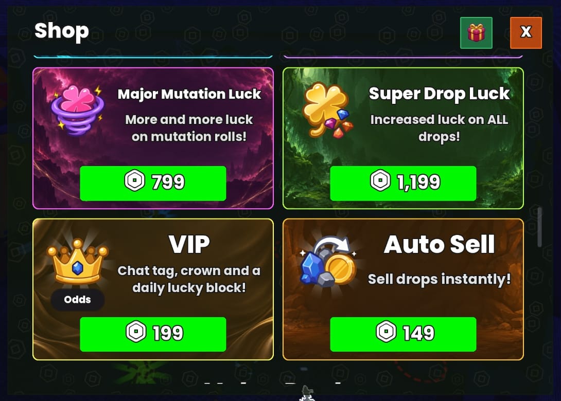The shop's gamepasses with their new icons: Major Mutation Luck, Super Drop Luck, Auto Sell and VIP, which has an Odds button