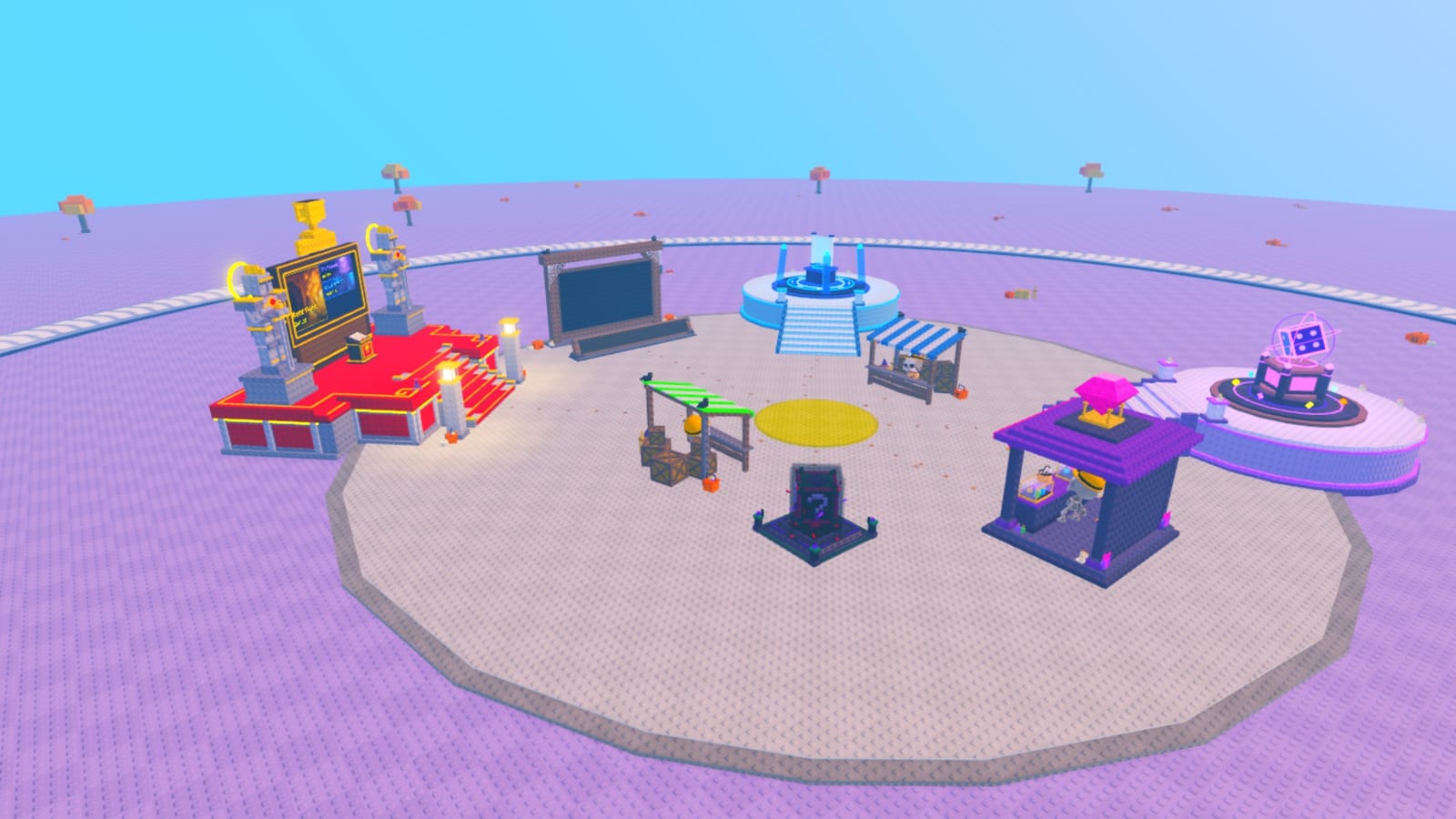 The hub plaza by day on the new Halloween map: the shop stands, the leaderboard, the shrine and the dice altar on lavender fields dotted with autumn trees and pumpkins