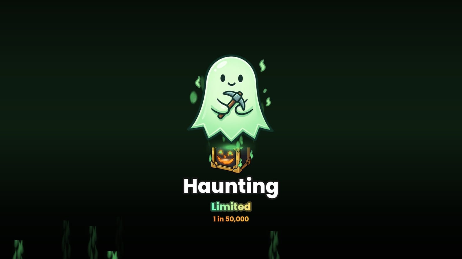 The rare pull reveal for Haunting: a smiling green ghost holding a pickaxe rises out of the crate in green flames, marked Limited, 1 in 50,000