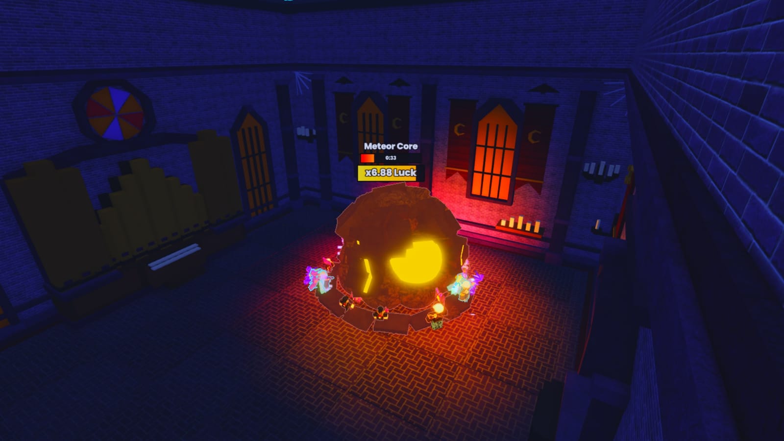 A Meteor Core glowing in the Hallowkeep mine room while the crew hits it, with its timer and a x6.88 Luck bar above it