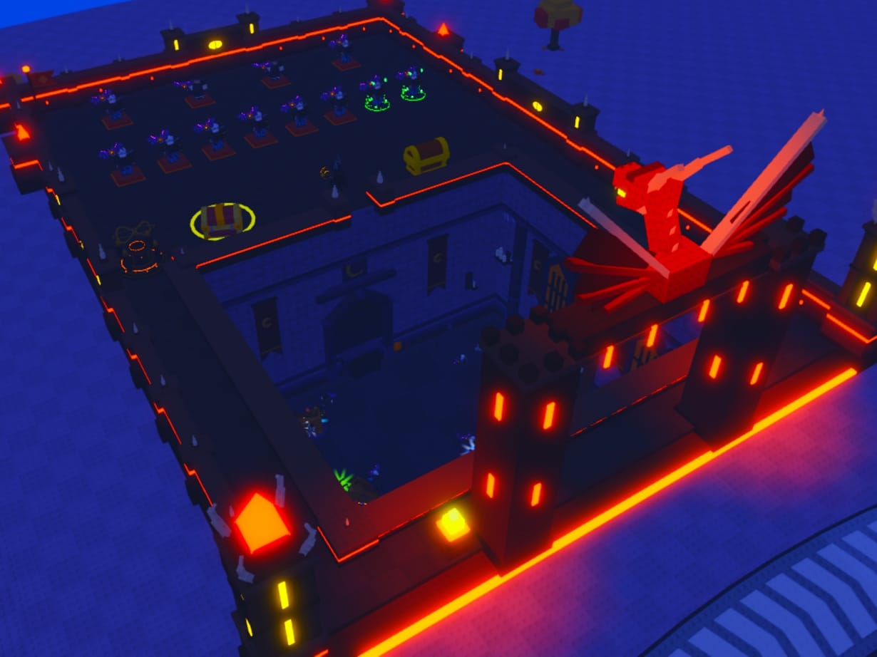 A plot in the rebuilt Dragonfire Citadel skin: dark castle walls with lava-lit windows, torches and a red dragon over the gate