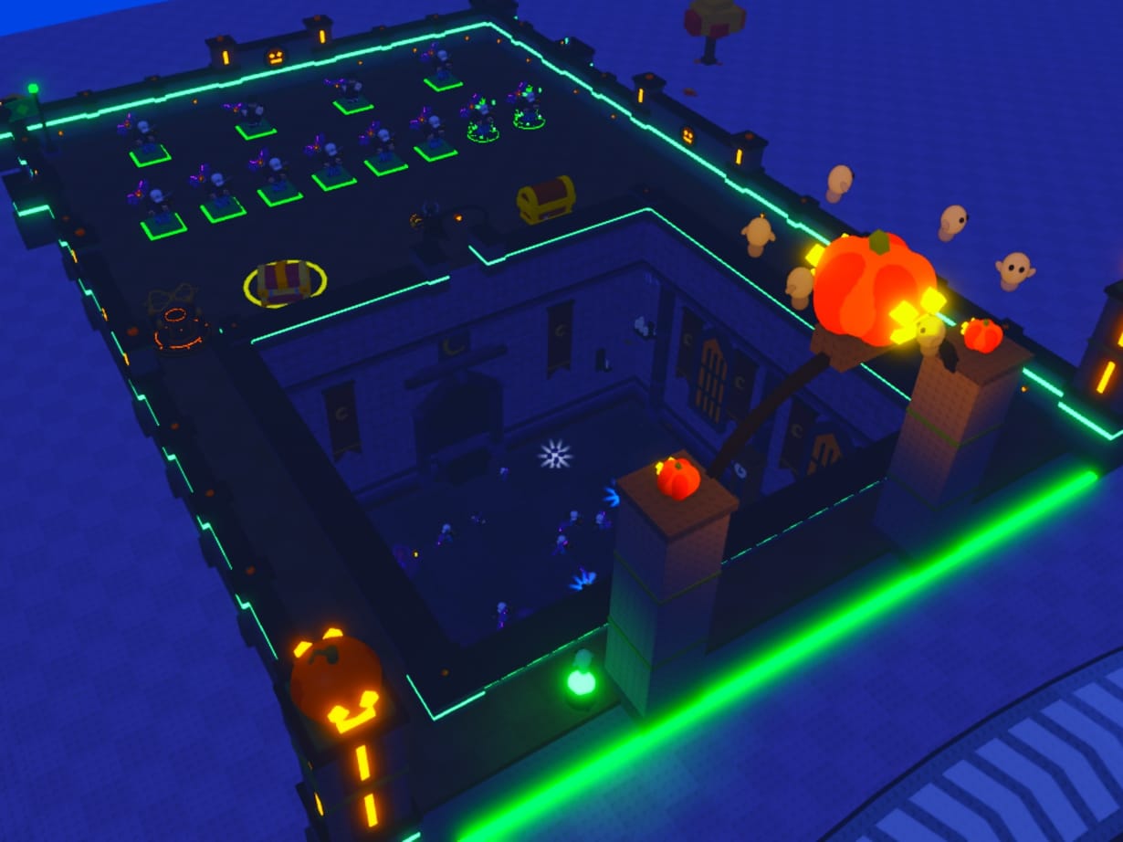 A plot in the rebuilt Phantom Pumpkin Patch skin: an iron fence, green-lit pads and a gate arch topped with a giant jack-o'-lantern and ghosts