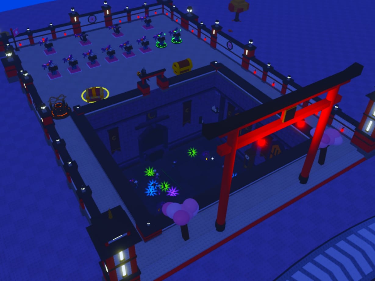 A plot in the rebuilt Sakura Court skin: white stone walls, cherry blossom trees and a red torii gate