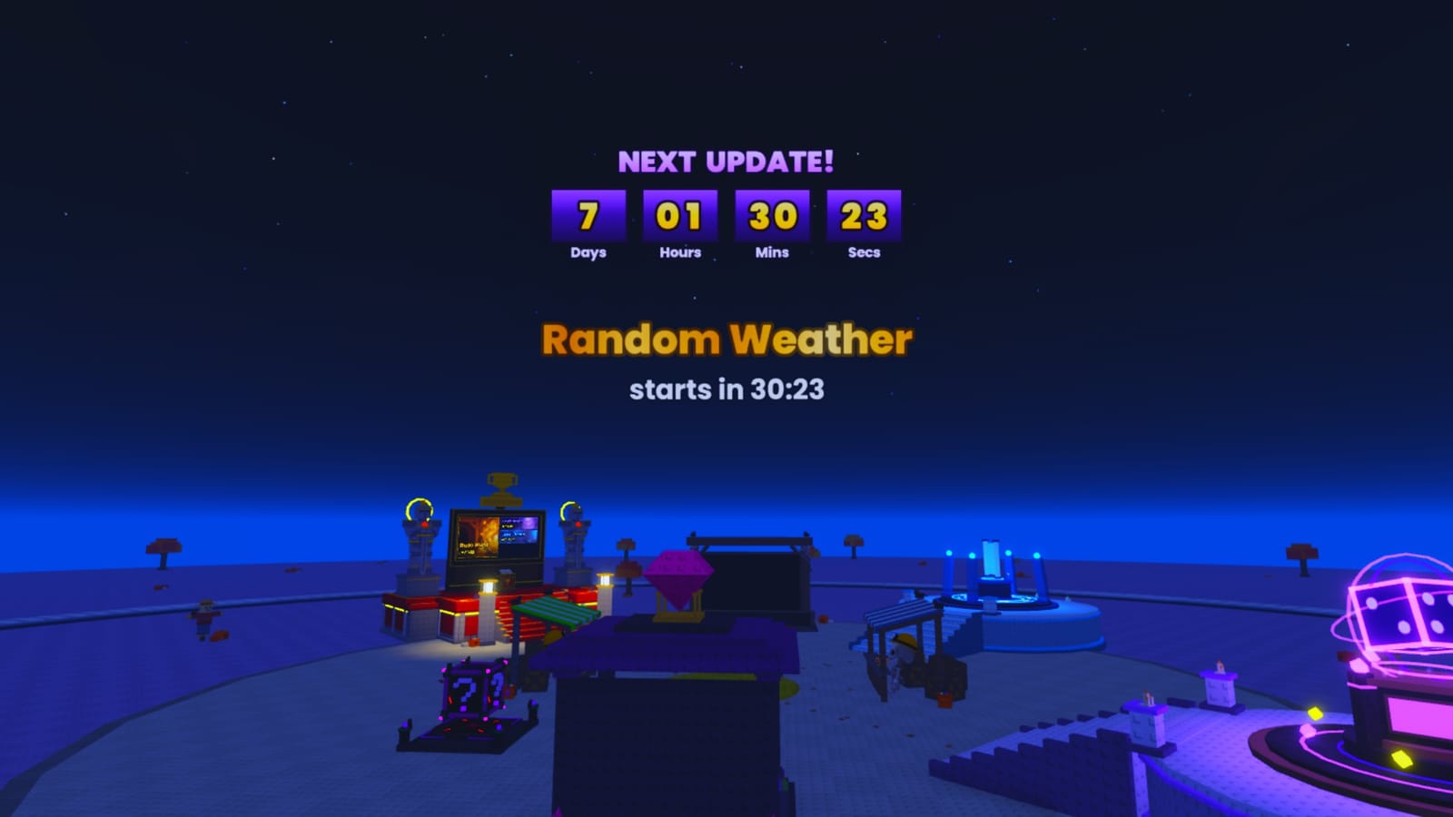 The hub at night with a Next Update! countdown (7 days, 1 hour) hanging above the Random Weather timer