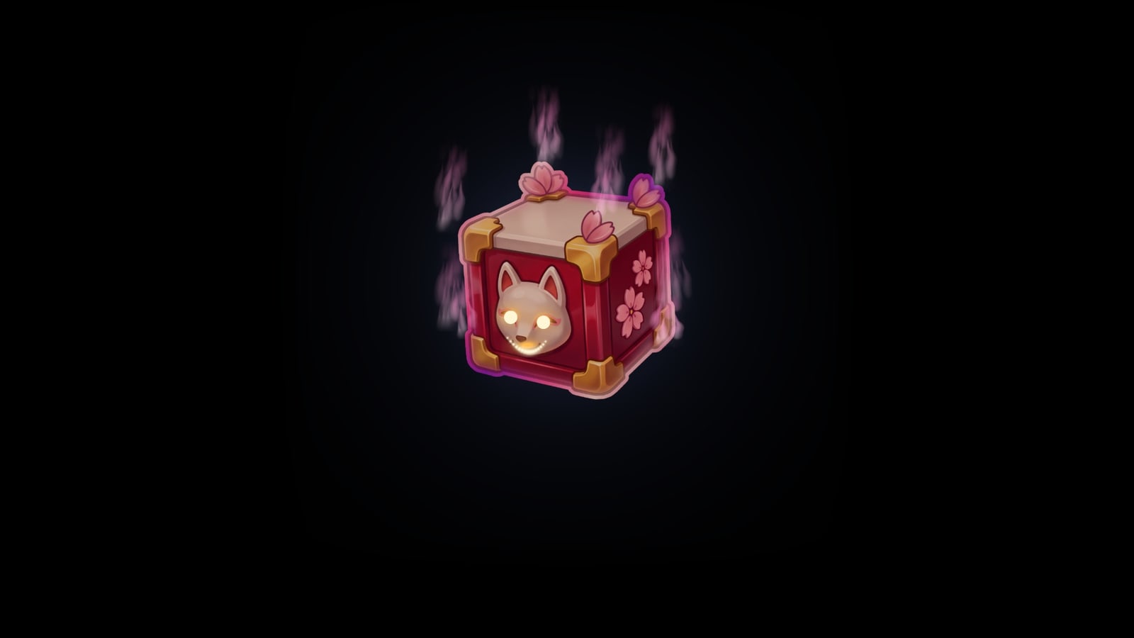 A Petalfall Crate opening in the dark: a red crate with a white fox mask whose eyes glow, gold corners and pink petal flames rising