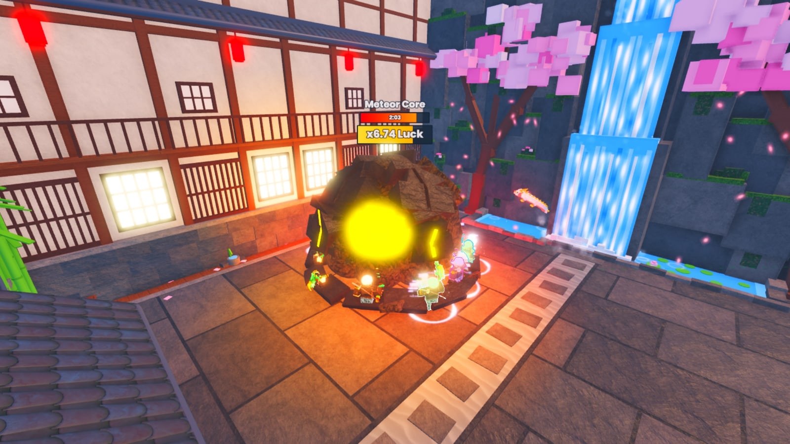 A Meteor Core glowing in the Petalfall garden while the crew hits it, with its timer and a x6.74 Luck bar above it and a koi leaping by the waterfall