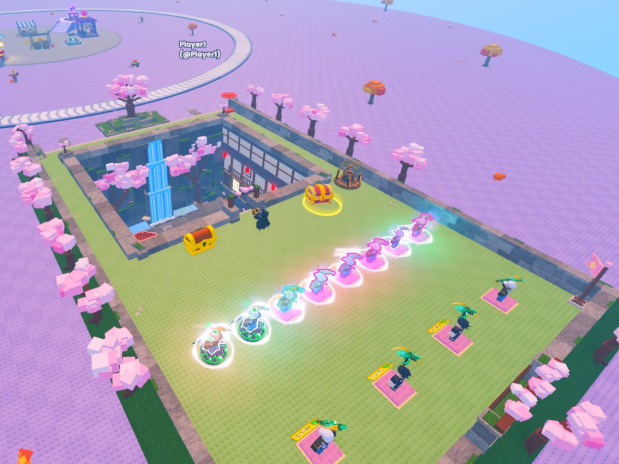 A plot in the Sakura Grove skin: a green lawn ringed by stone walls and rows of pink sakura trees